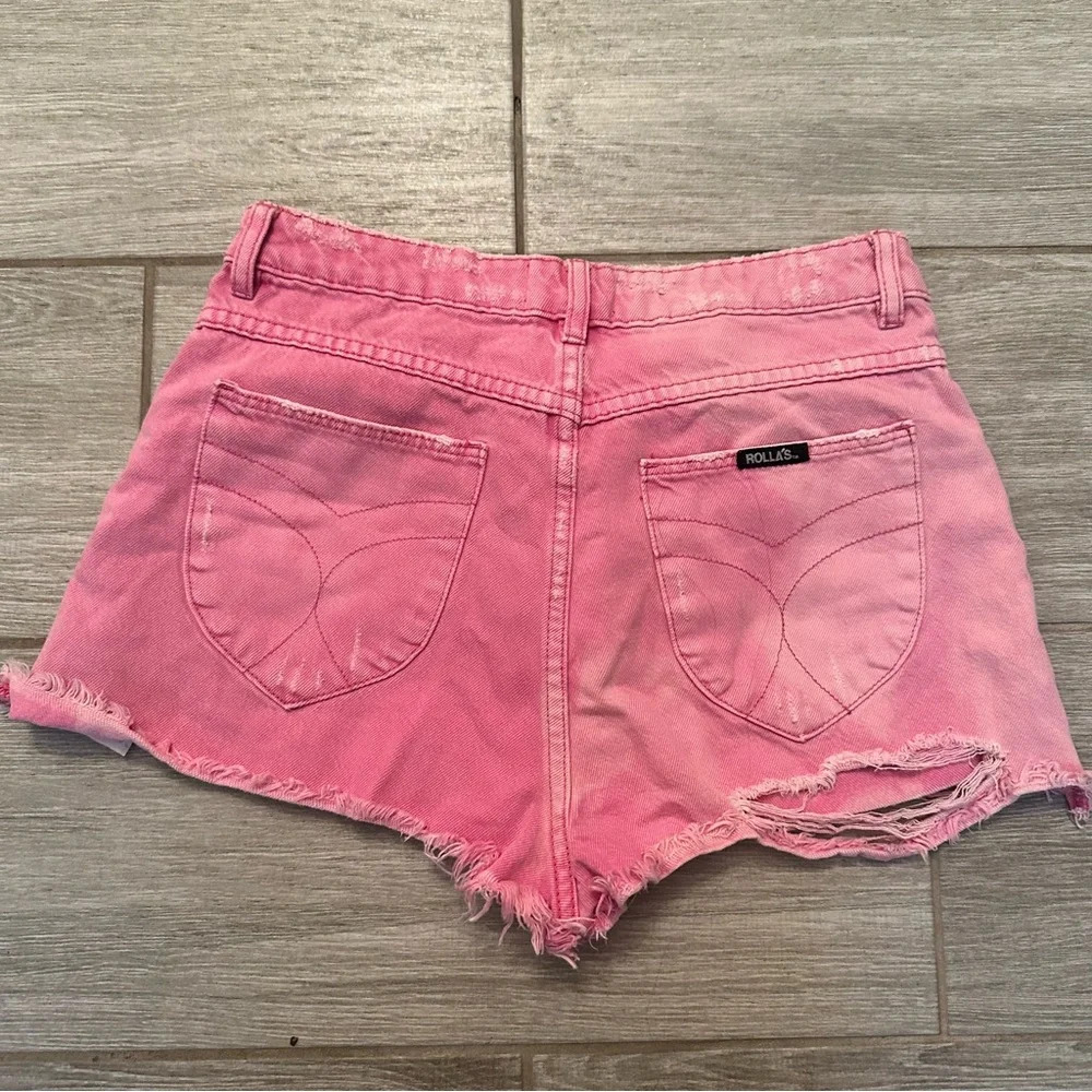 Rollas High Rise Slim Hot Pink Denim Shorts - distressed with frayed edges - Picture 3 of 4